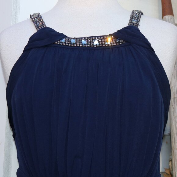 Sangria Navy Blue Knit Grecian Gathered Knit Rhinestone Trim Formal Maxi Dress - Picture 3 of 11